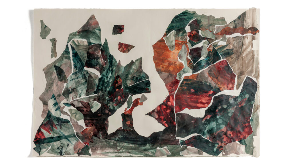 An abstract collage or painting on a light background, composed of irregular, torn pieces of paper or fabric with painted textures in shades of deep green, teal, brown, and red. The pieces overlap and are arranged to form a larger, fractured image.