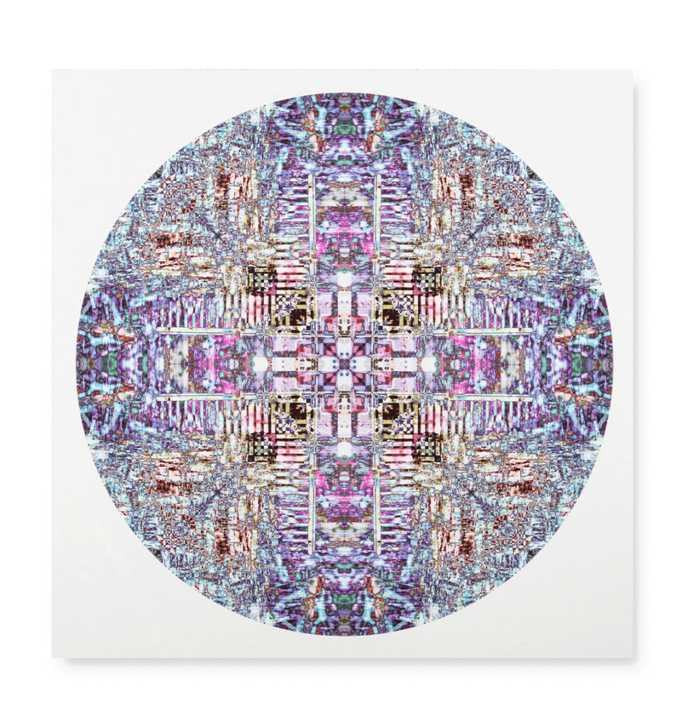 A vibrant, abstract, digital art piece, resembling a kaleidoscope, with a circular image on a white square background. The image features intricate, symmetrical patterns in shades of purple, pink, blue, and white, creating a complex grid-like or circuit-board-like texture.