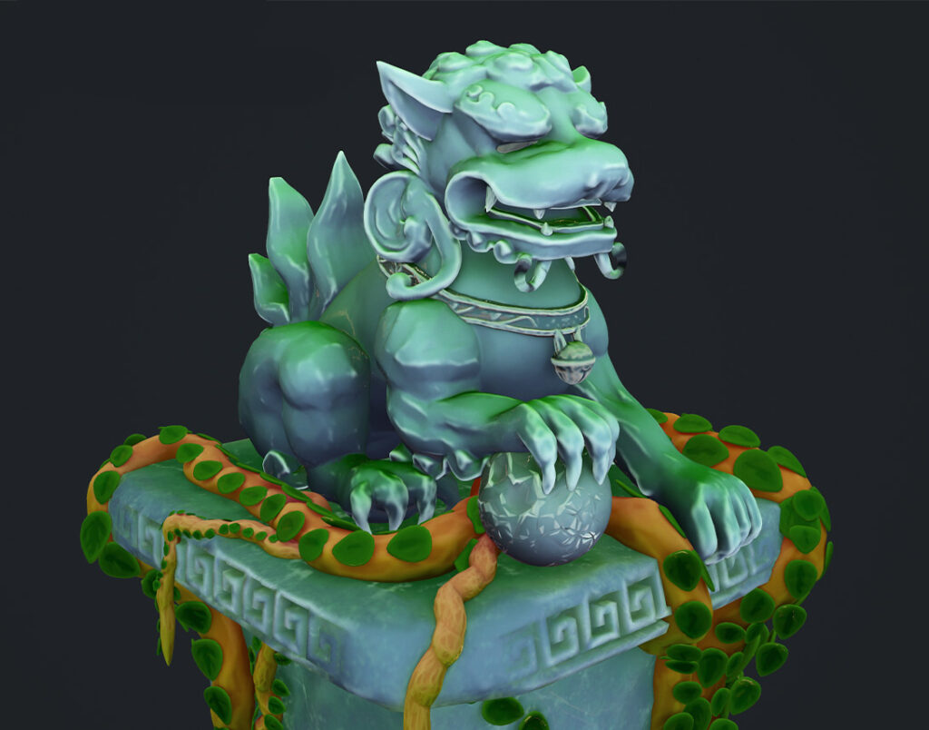 A 3D rendering of a teal-green foo dog statue, also known as a guardian lion, with an ornate collar and bells. It is depicted holding a patterned sphere under one paw and is seated on a stone pedestal with a traditional Chinese pattern. Green vines with orange accents are wrapped around the base of the statue and pedestal. The background is a solid dark gray.