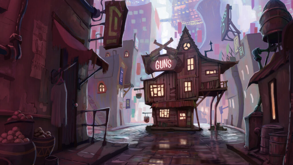 A moody, stylized 3D rendering of a cyberpunk or fantasy city street at night. The scene is dominated by dark, desaturated purples and blues. On the right, a multi-story, rickety wooden building with a glowing "GUNS" sign is central. Other buildings with glowing windows and various signs are visible down the street. The ground appears wet, reflecting the city lights.