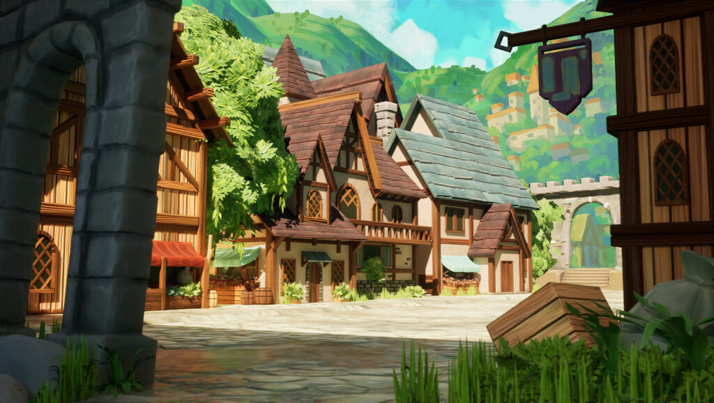 A vibrant, stylized 3D rendering of a quaint fantasy village street. Several half-timbered buildings with brown roofs and light-colored walls line a cobblestone street. Lush green trees are visible between the buildings and in the background, which features rolling green hills under a bright blue sky. A stone archway is prominent on the left.