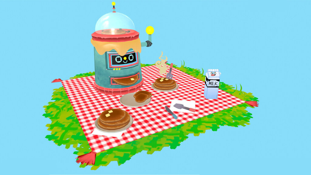 A whimsical 3D rendering of a picnic scene. A red and white checkered blanket with tassels is spread out on a patch of bright green grass. In the center, a stylized pancake-making machine resembling a futuristic dispenser with a lightbulb sits. Plates with stacks of pancakes are arranged around it, along with a carton of milk and cutlery. The background is a solid light blue.