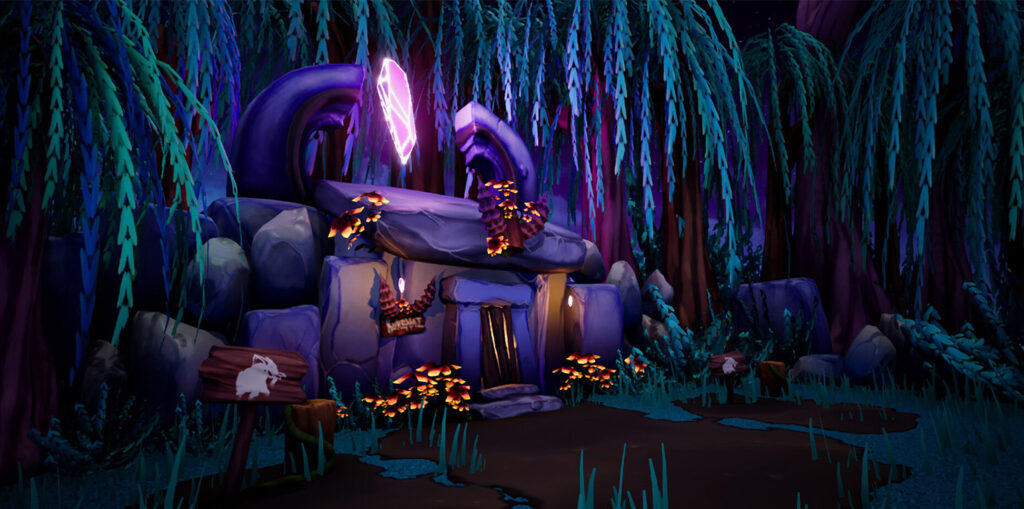 A fantastical 3D rendering of a cave-like dwelling nestled within a vibrant, glowing forest at night. The structure is made of large, rounded stones, with a glowing purple crystal at the top and illuminated orange mushrooms growing on and around it. Tall, slender trees with drooping blue and purple foliage surround the dwelling, and a path leads up to its entrance. A wooden sign with a rabbit silhouette is visible on the left.