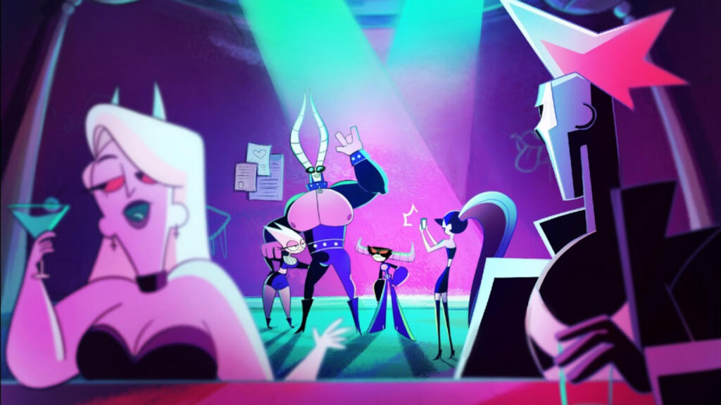 A vibrant, stylized cartoon illustration of several characters in a nightclub scene with purple and pink lighting. A large, muscular horned male figure in blue stands center, striking a pose. Other characters, including a tall figure with a star on their head and a woman holding a martini, are also present, some taking photos.