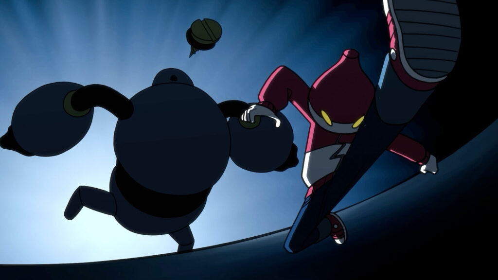 A dramatic, silhouetted cartoon illustration of two stylized characters in action against a bright, hazy background. A large, round, dark gray robot on the left faces a more slender, red and white armored figure on the right, who is crouched and appears to be in motion. A small, dark, flying object is visible in the upper left.