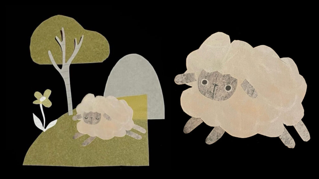 A minimalist, cut-paper style illustration on a black background. On the left, a small, fluffy sheep lies sleeping on a green grassy hill next to a light green tree and a light gray archway. On the right, a larger, fluffy sheep with wide-open eyes stands, facing left.