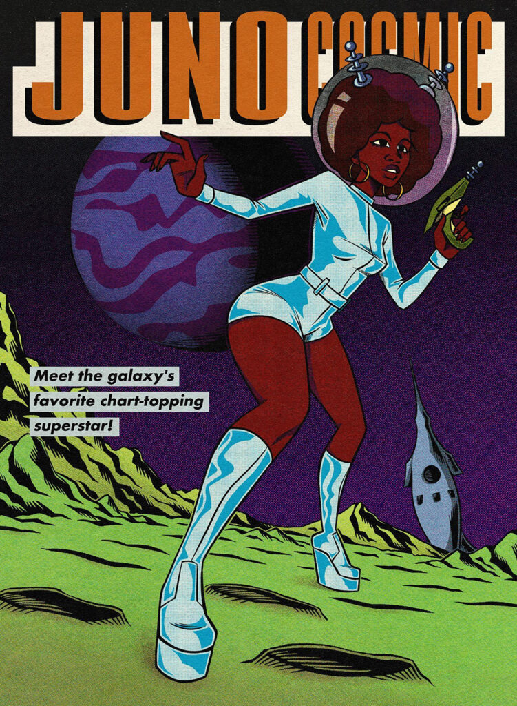 A retro-futuristic comic book cover featuring a Black woman in a light blue space suit with a large bubble helmet, holding a ray gun. She stands on a green alien landscape with a purple planet and a tall, slender spaceship in the background. The title "JUNO COSMIC" is at the top, and text at the bottom reads "Meet the galaxy's favorite chart-topping superstar!"