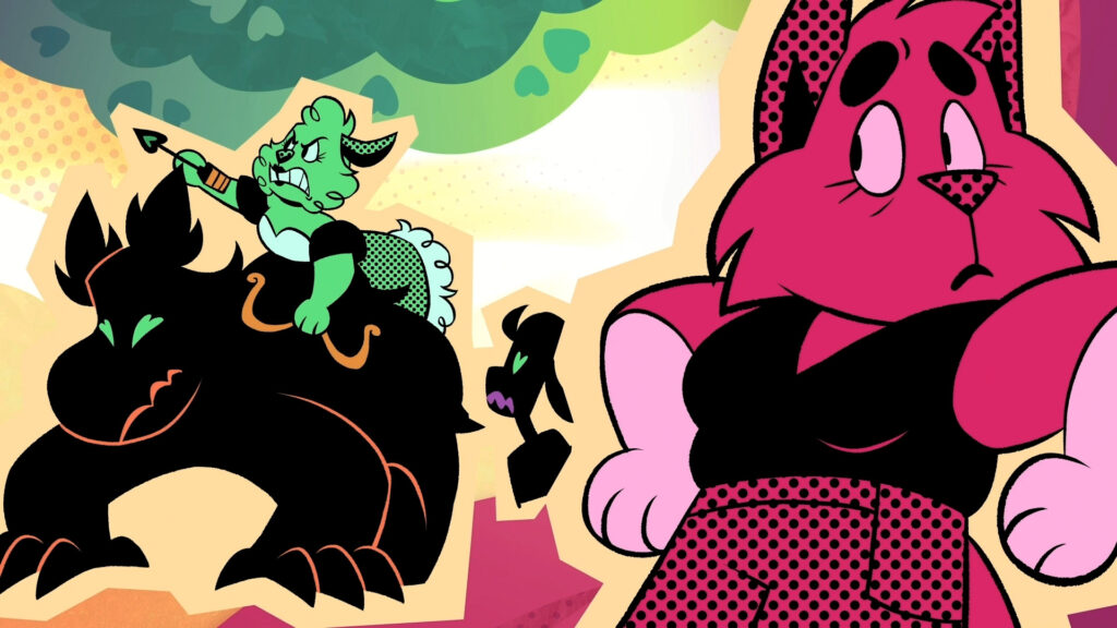 A colorful and abstract cartoon illustration featuring two main figures against a background with heart shapes and bright colors. On the left, a green, furry, horned creature with a bow and arrow rides on the back of a large, black, stylized animal. On the right, a large, pink cat-like creature with wide eyes looks surprised.