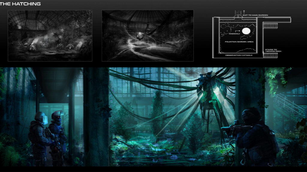 A concept art board titled "THE HATCHING." The top row shows two grayscale environmental sketches of an overgrown, possibly ruined, greenhouse with mysterious glowing elements, and a blueprint-like layout of the area. The large bottom image is a vibrant, moody painting of a dark, overgrown greenhouse interior, with three armed figures in the foreground looking towards a large, glowing green, creature-like anomaly in the distance.