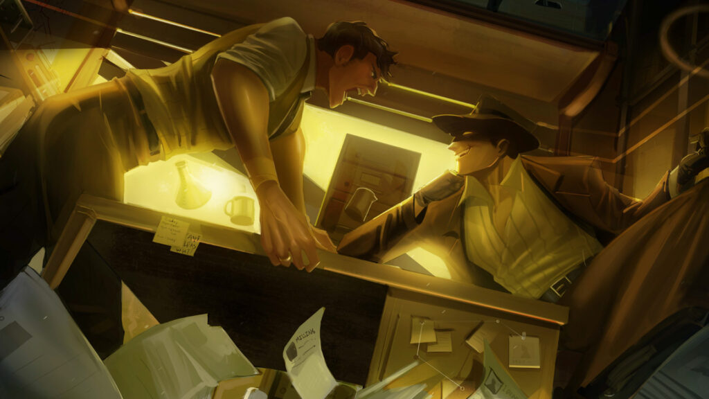 A vibrant, stylized illustration of a cluttered, industrial-looking workshop or laboratory. In the center, a lifeless humanoid figure in a light blue hoodie hangs from a metal fixture. Two tall, ornate, golden robotic figures stand guard, one with a prominent clock face. Glowing blue elements and intricate machinery fill the background.