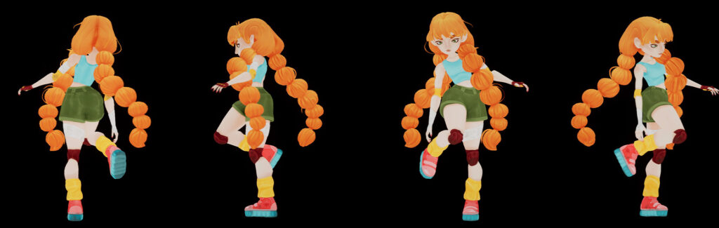 A 3D character model of a young girl with long, braided orange hair, wearing a teal top, green shorts, and roller skates, shown from multiple angles. The style is stylized and cartoony.