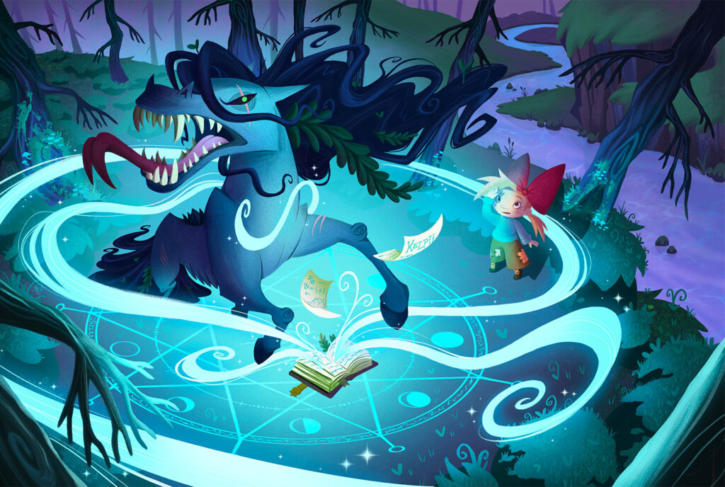 An illustration set in a dark, mystical forest with glowing blue lines forming a magical circle on the ground. A large, dark blue creature with a long tongue and wild hair stands in the circle with an open book, while a small, red-capped figure observes from the side.