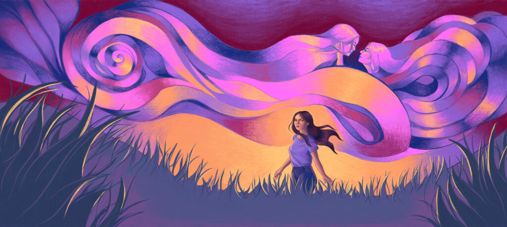 An illustration of a woman with long, flowing dark hair walking through tall grass. Behind her, her hair transforms into large, swirling ribbons of pink, purple, and orange, with ghostly figures of women emerging from the waves of hair.