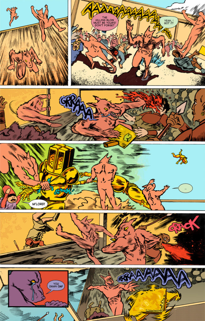 A comic book page with multiple panels depicting action. Figures with horns and tails are fighting, with speech bubbles and sound effects like "GRRAAA" and "CRACK". A golden, armored figure also appears in the scene.