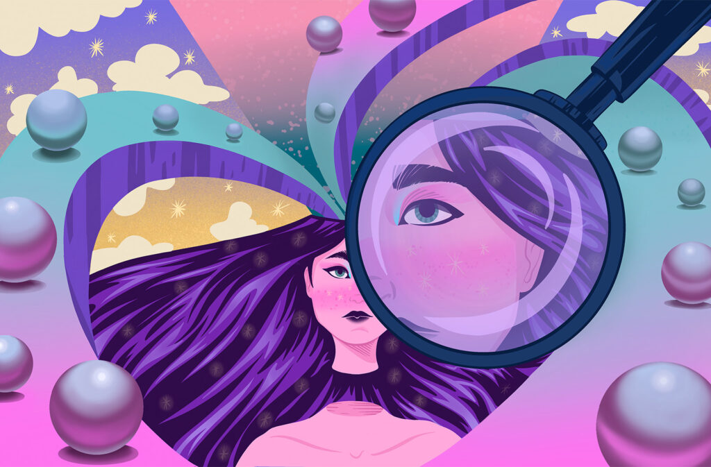 An illustration showing a woman with long purple hair and a magnifying glass over her face, revealing skin details. The background is a mix of swirling colors and shapes, including stars and clouds, with scattered spheres.