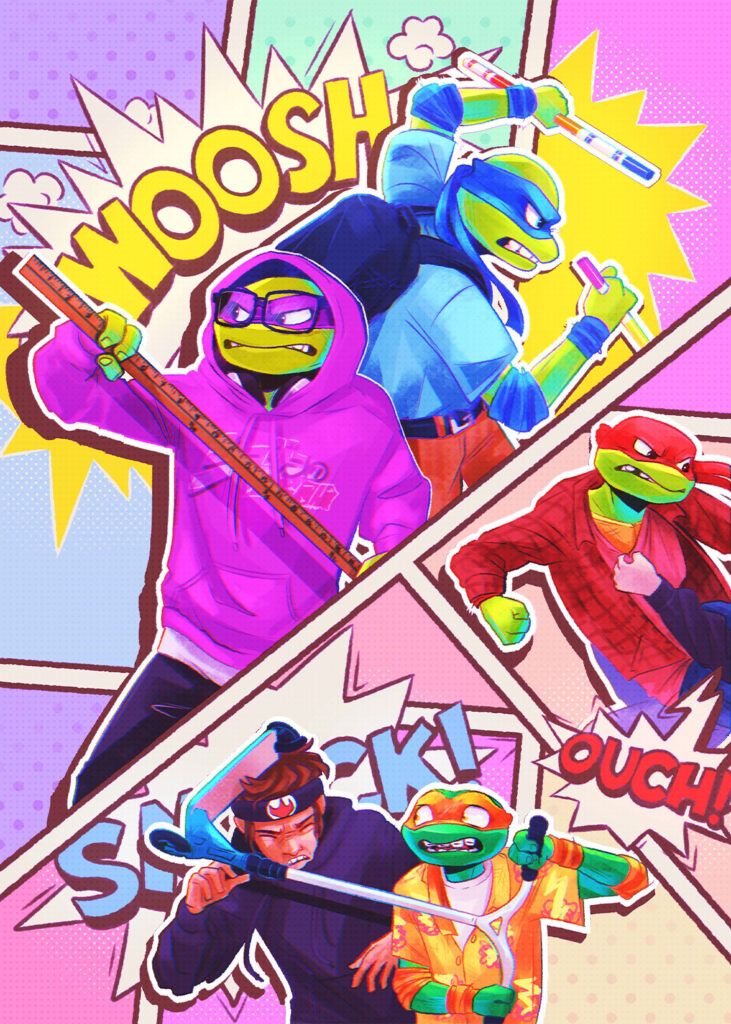 A comic-style illustration featuring four Teenage Mutant Ninja Turtles in various poses and outfits. One in a purple hoodie holds a ruler, another in blue holds markers, one in red wears a jacket, and another in orange is wielding a nunchaku. Sound effects like "WOOSH" and "OUCH" are present.