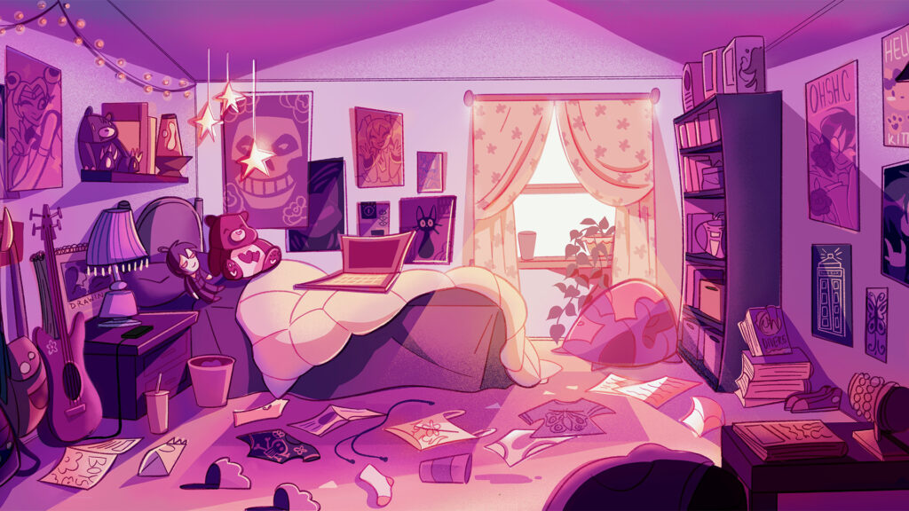 An illustration of a messy bedroom bathed in pink and purple light. The room contains a bed with a laptop, a desk with a lamp, a bookshelf, and various posters and scattered items on the floor, including clothes and papers.