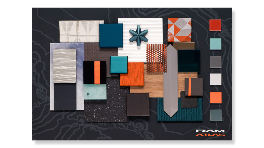 A mood board titled "RAM ATLAS" with a dark grey background featuring a topographical map pattern. Various material samples are arranged on it, including fabric swatches in teal, orange, and gray, wood, metal mesh, and solid colored blocks. Color squares in matching hues are lined up on the right side.