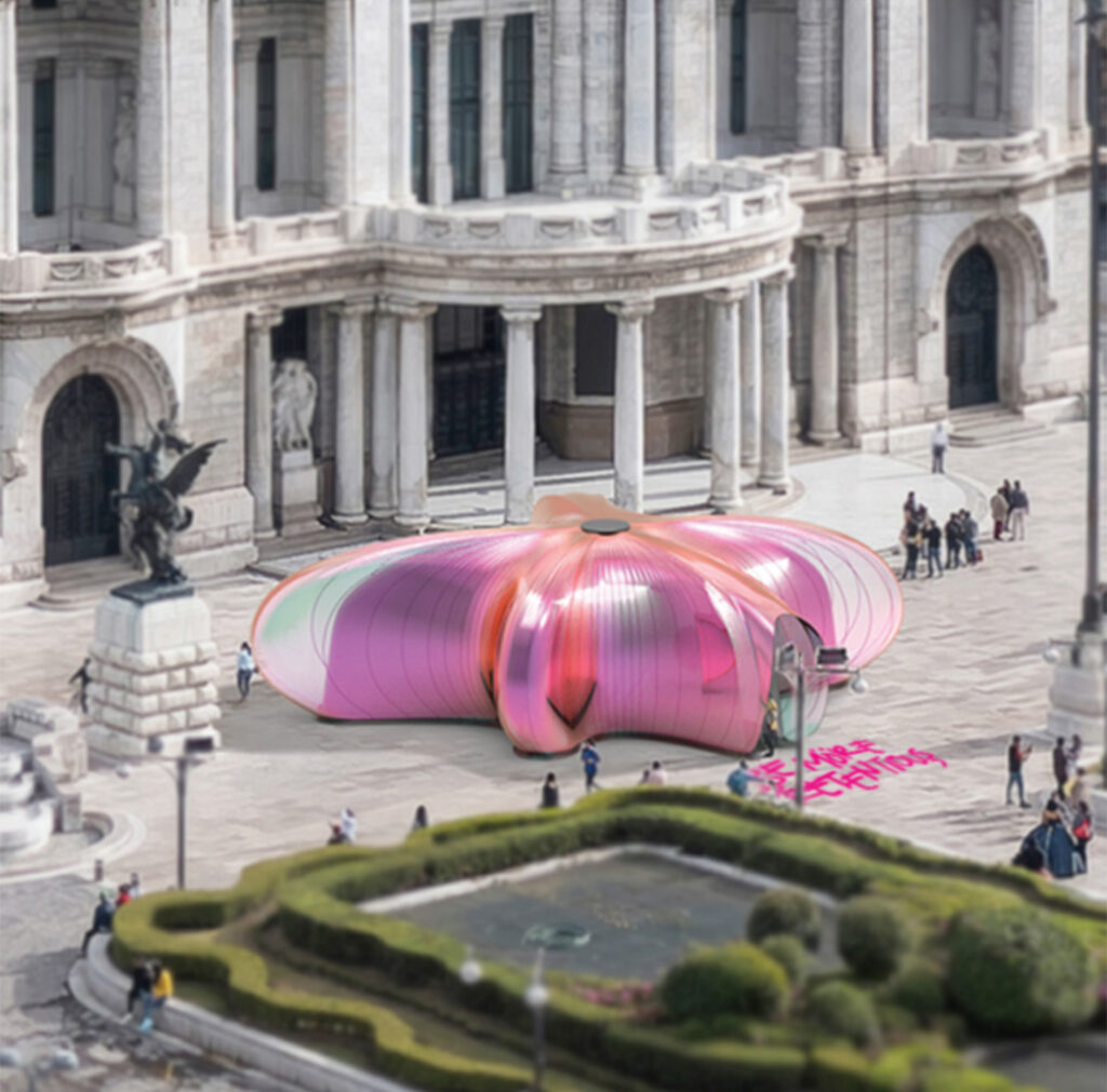 An aerial view of a large, organic-shaped, pink and purple inflatable structure with an entrance, situated in a public square surrounded by classical stone buildings and a small, green park area with people walking around.