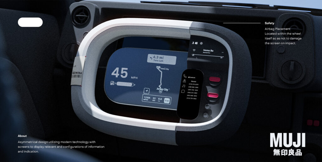 A close-up interior shot of a car dashboard featuring an asymmetrical, white and black digital display with navigation information showing "4.3 mi" and "Jersey City," along with speed and time. Text on the left describes the design as "Asymmetrical design utilizing modern technology" and on the right, "Safety Airbag Placement Located within the wheel itself." The MUJI logo is in the bottom right corner.