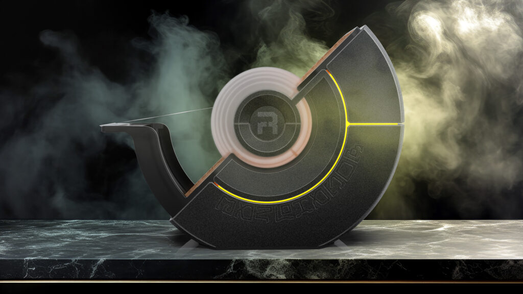 A sleek, futuristic black and grey tape dispenser with a bright yellow illuminated line along its curved edge. The design features a large, central circular element where the tape roll is housed, and it sits on a dark, marbled surface with smoke effects in the background.
