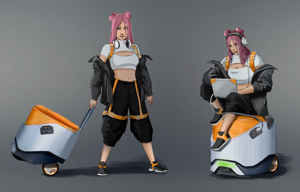 A digital illustration presenting two different poses of a young woman with pink hair, wearing a white crop top, black jacket, and black shorts with orange accents. On the left, she is standing and pulling a white and orange rolling luggage case. On the right, she is sitting on the luggage case, which appears to transform into a seat, while using a tablet.