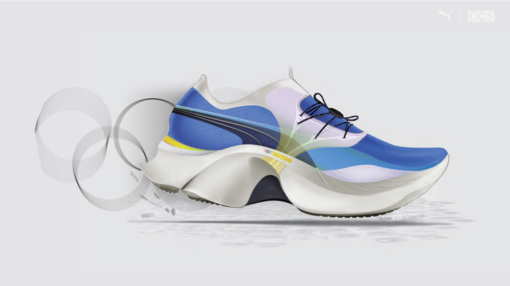 A detailed, deconstructed illustration of a blue, white, and black Puma running shoe with "NITRO" visible on the side, set against a light grey background with blurred, transparent circular shapes.