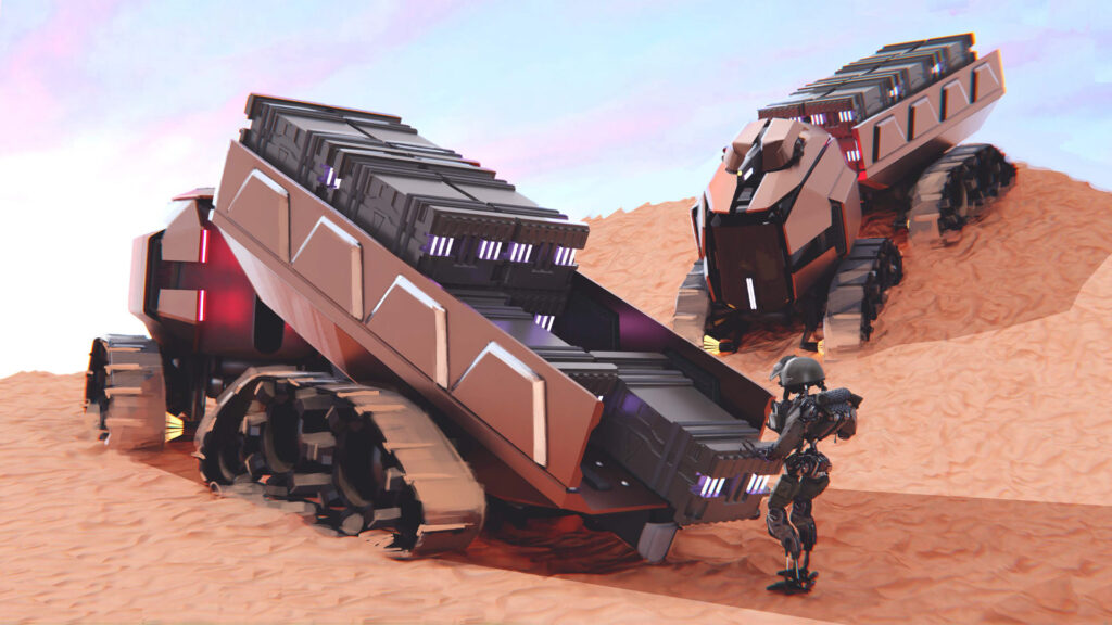 A robotic figure stands next to a large, futuristic, tracked cargo vehicle on a reddish, sandy terrain. Another similar vehicle is visible in the background, further up a slope. Both vehicles have multiple glowing purple lights. The sky is a gradient of light blue to pink.