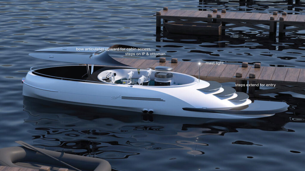 A futuristic, white and silver yacht docked at a wooden pier. The yacht has a unique design with a bow that articulates upward for cabin access, and steps that extend for entry. Text overlays indicate these features. A small dinghy is visible in the foreground, and other dock structures are in the background.
