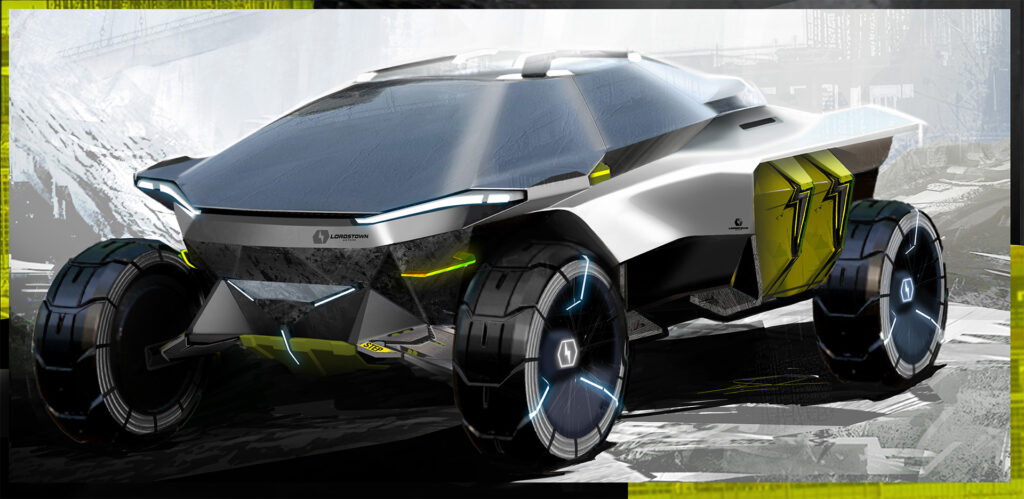 A sleek, futuristic off-road vehicle with a white and gray body, accented with bright yellow details on the sides. It has large, rugged tires with glowing blue patterns. The front of the vehicle features a distinctive light bar. The background is a blurry, abstract industrial landscape with hints of yellow and black.