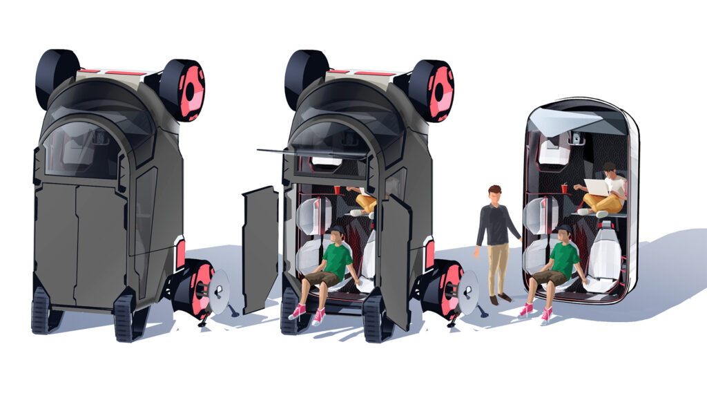 Three sequential illustrations of a modular, self-driving personal transport vehicle. The first shows the exterior of the compact vehicle. The second shows the vehicle with a side panel open, revealing a person sitting inside. The third shows the interior cabin separated from the vehicle, with two people sitting comfortably, one working on a laptop.