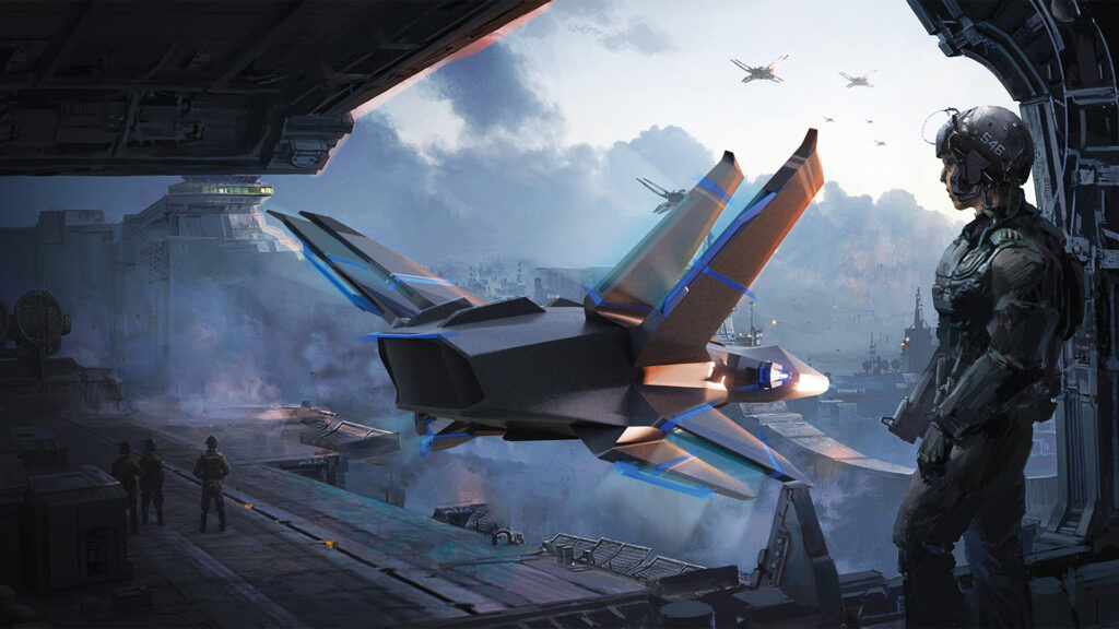 A futuristic, dark gray fighter jet with angular wings and glowing blue accents, positioned on what appears to be a flight deck or platform. A person in a military-style suit and helmet stands to the right, looking at the jet. In the background, other similar aircraft fly in a cloudy sky above a city or base.