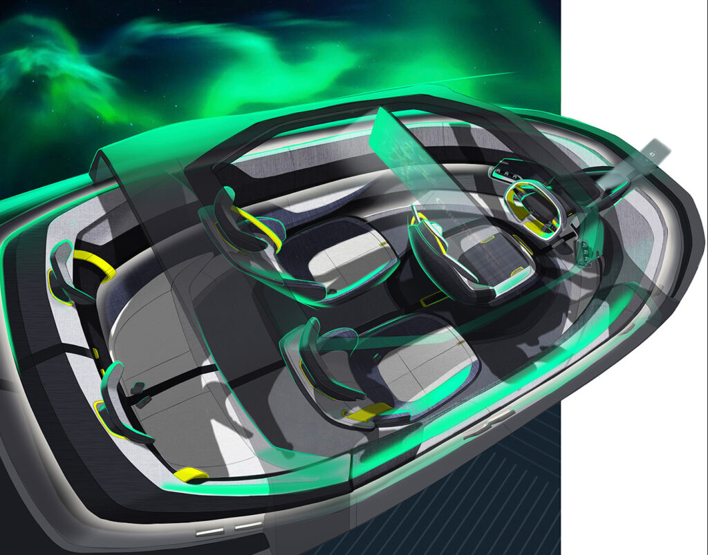 An overhead, transparent rendering of a futuristic vehicle's interior. The cabin features four seats with yellow and gray accents. A large, transparent display screen is positioned in front of the driver's seat. The background behind the vehicle shows green aurora borealis-like lights against a dark sky.