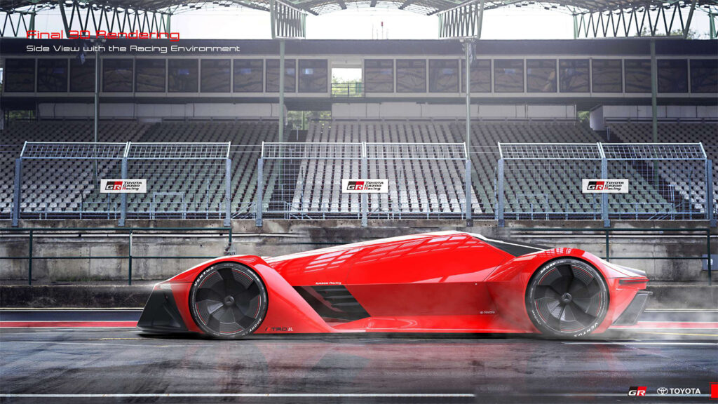 A long, low-slung red concept race car on a wet asphalt track. The car has large, black wheel covers with subtle red accents. In the background are empty grandstands and stadium structures under a hazy sky. A "Toyota GR Racing" logo is visible in the bottom right corner.