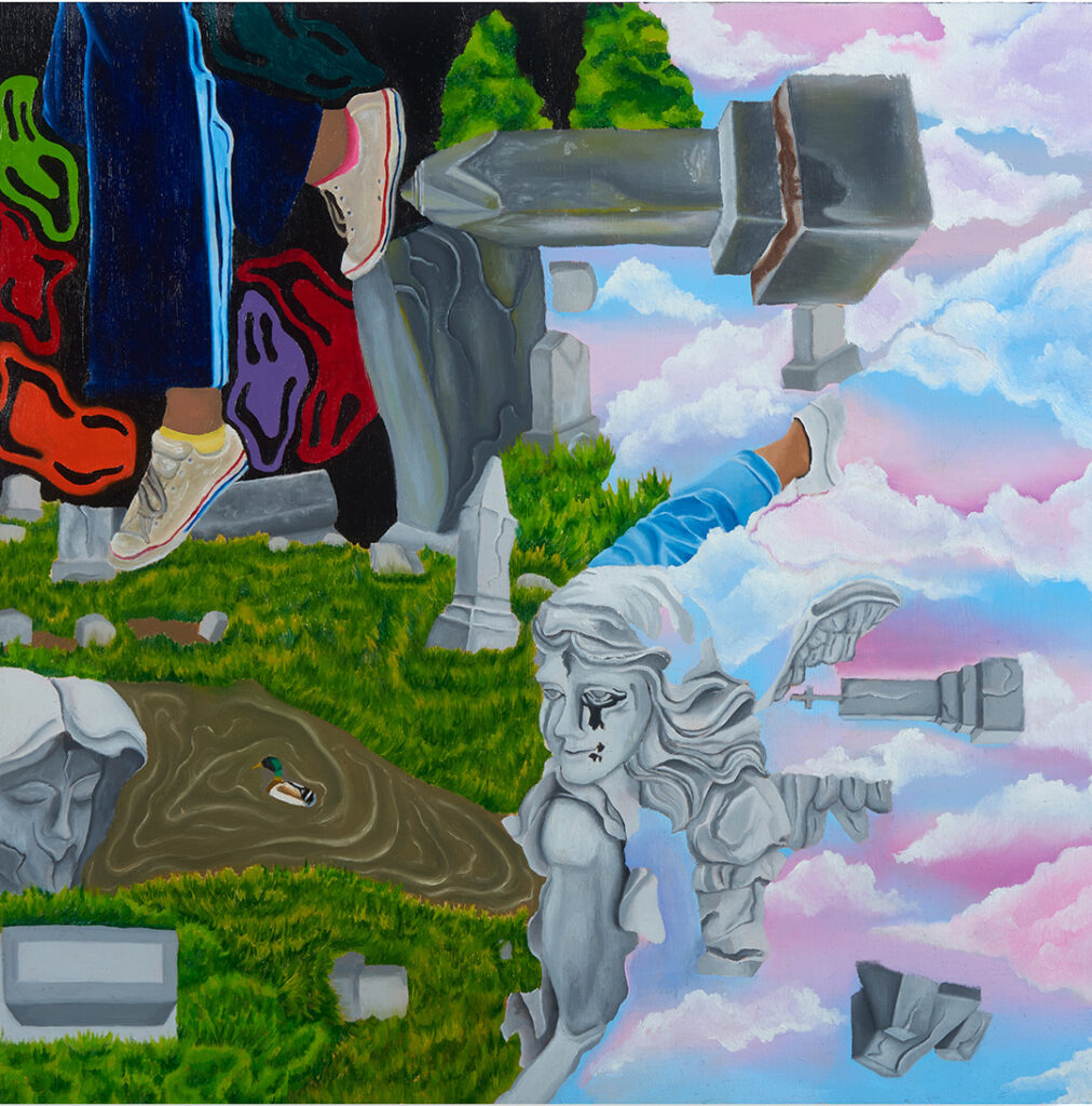 A vibrant, surreal painting divided into two main sections. The left side features a dark background with green grass and abstract, colorful shapes. Legs and feet in sneakers are visible from the top left. The right side depicts a bright blue sky with fluffy pink and white clouds. Broken, classical-style stone sculptures, resembling busts and architectural fragments, are scattered across both sections. One fragmented face with a tear falling from its eye is prominent in the bottom center.