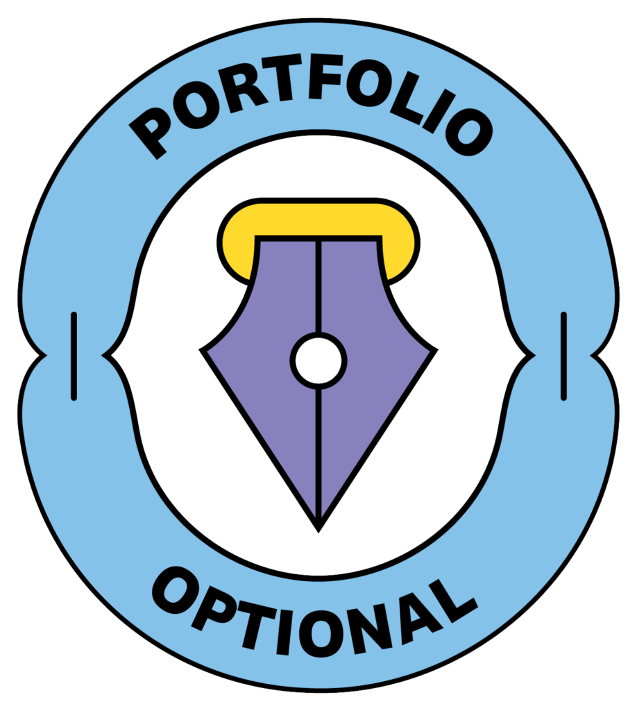 A circular, light blue badge with the text 'PORTFOLIO OPTIONAL' in black, surrounding a central icon of a purple fountain pen nib.
