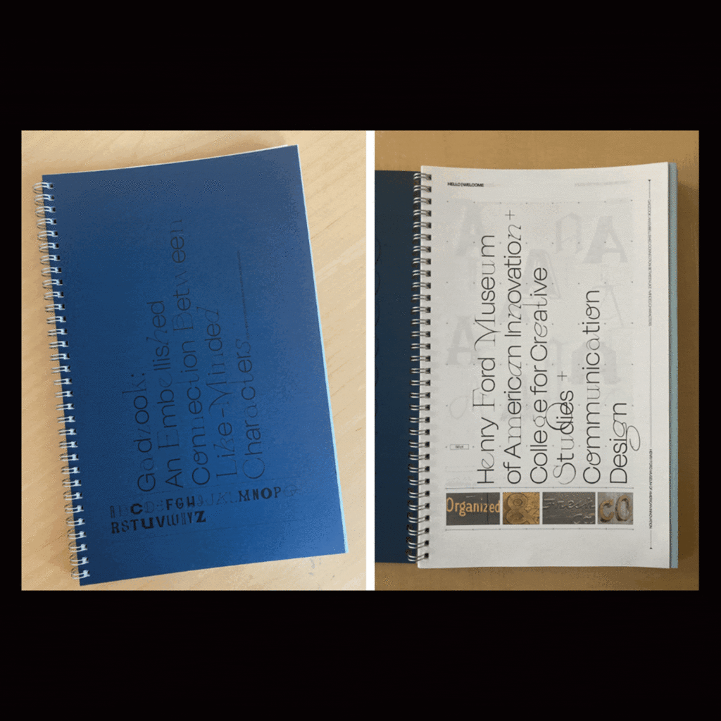 Two open spiral-bound notebooks are shown. The left notebook has a plain blue cover with embossed white text about "God Look" and "Characters," and an alphabet. The right notebook is open to a page with large, bold text: "Henry Ford Museum of American Innovation + College For Creative Studies + Communication Design," with smaller decorative elements below. The gif shows a hand flipping the pages of the right notebook.