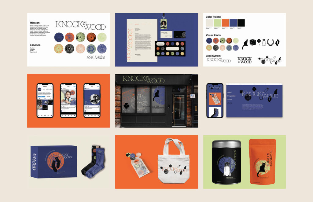A collage of graphic design elements for a brand called "Knock on Wood." It displays the brand's mission, essence, color palette, visual icons, and logo system. Below, there are mock-ups of social media interfaces, a storefront, packaging for socks and tea, a tote bag, and a and website interface.