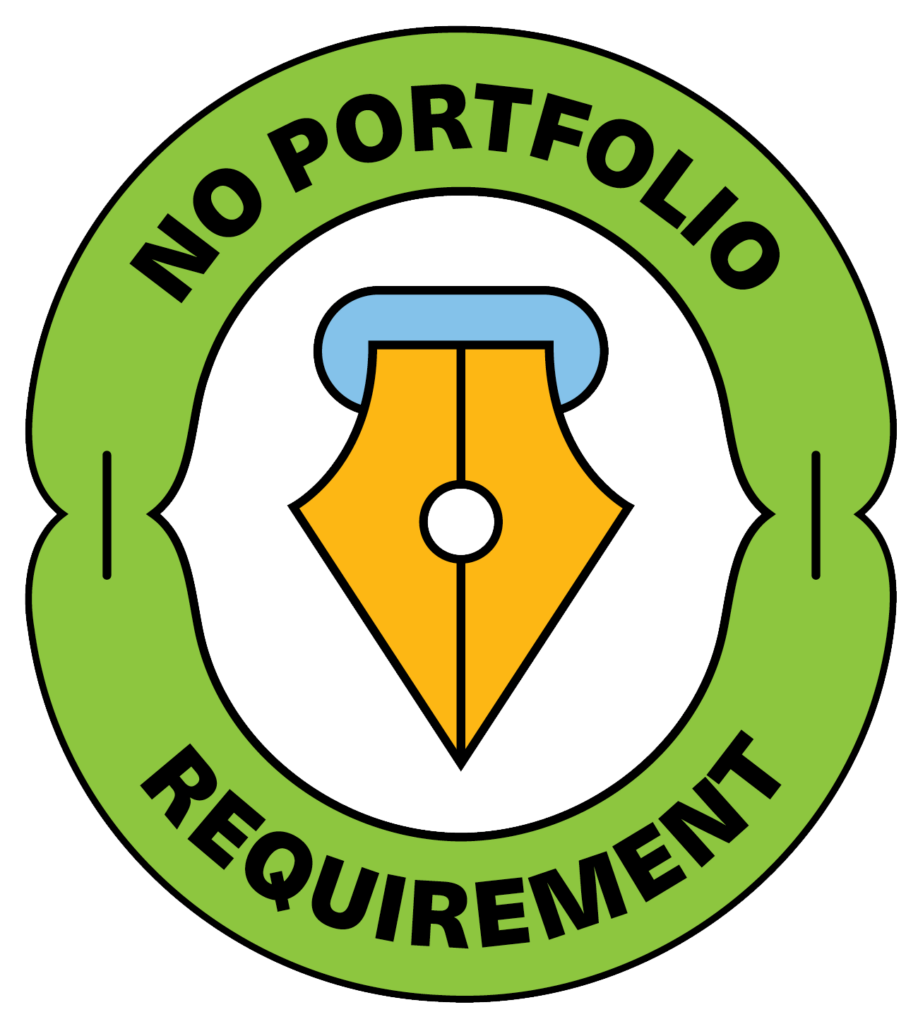 A circular, light green badge with the text 'NO PORTFOLIO REQUIREMENT' in black, surrounding a central icon of a yellow fountain pen nib.
