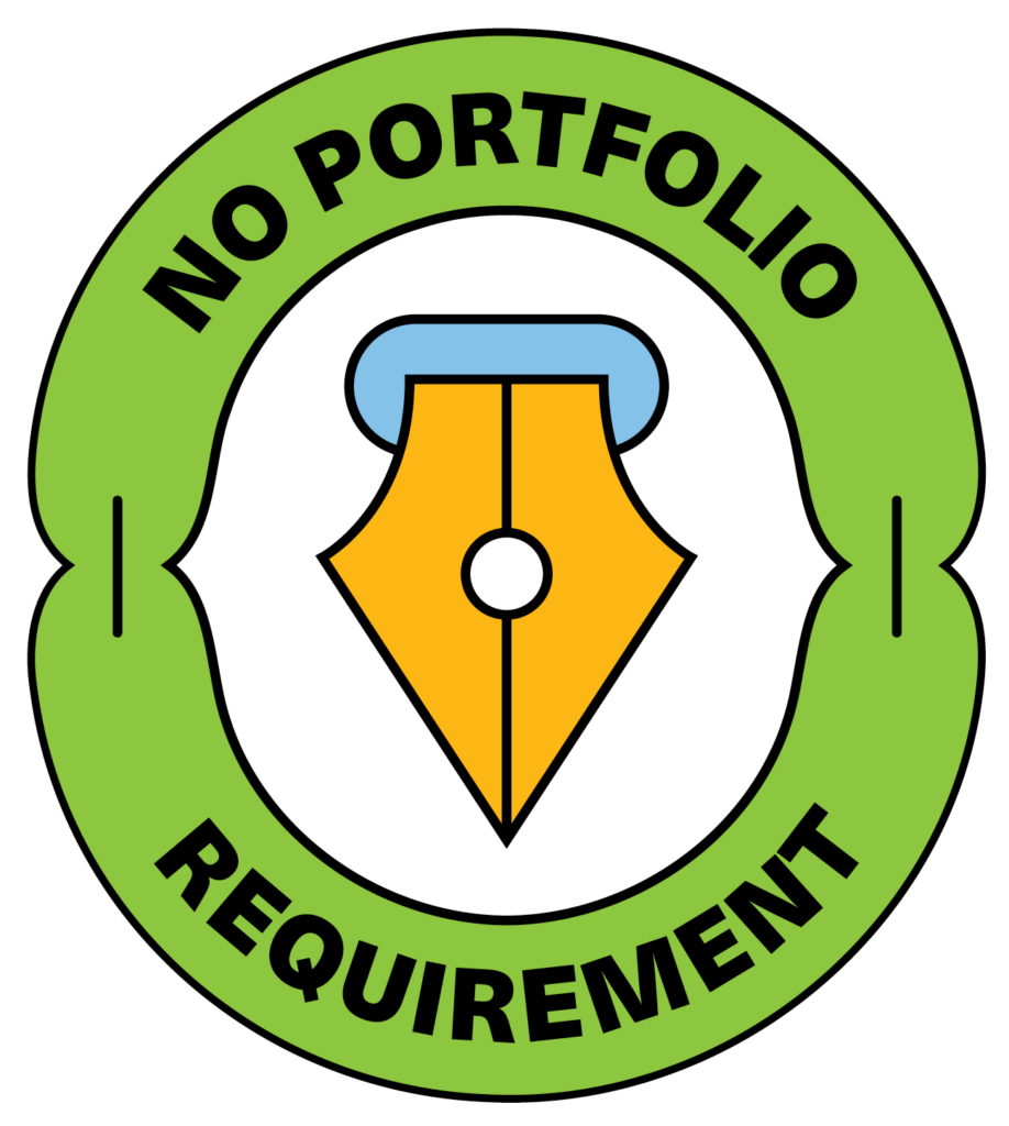 A circular, light green badge with the text 'NO PORTFOLIO REQUIREMENT' in black, surrounding a central icon of a yellow fountain pen nib.