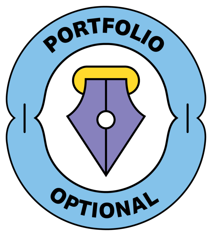 A circular, light blue badge with the text 'PORTFOLIO OPTIONAL' in black, surrounding a central icon of a purple fountain pen nib.
