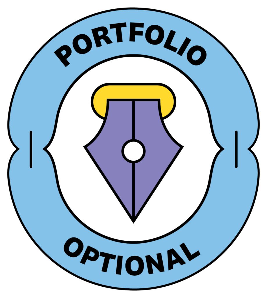A circular, light blue badge with the text 'PORTFOLIO OPTIONAL' in black, surrounding a central icon of a purple fountain pen nib.