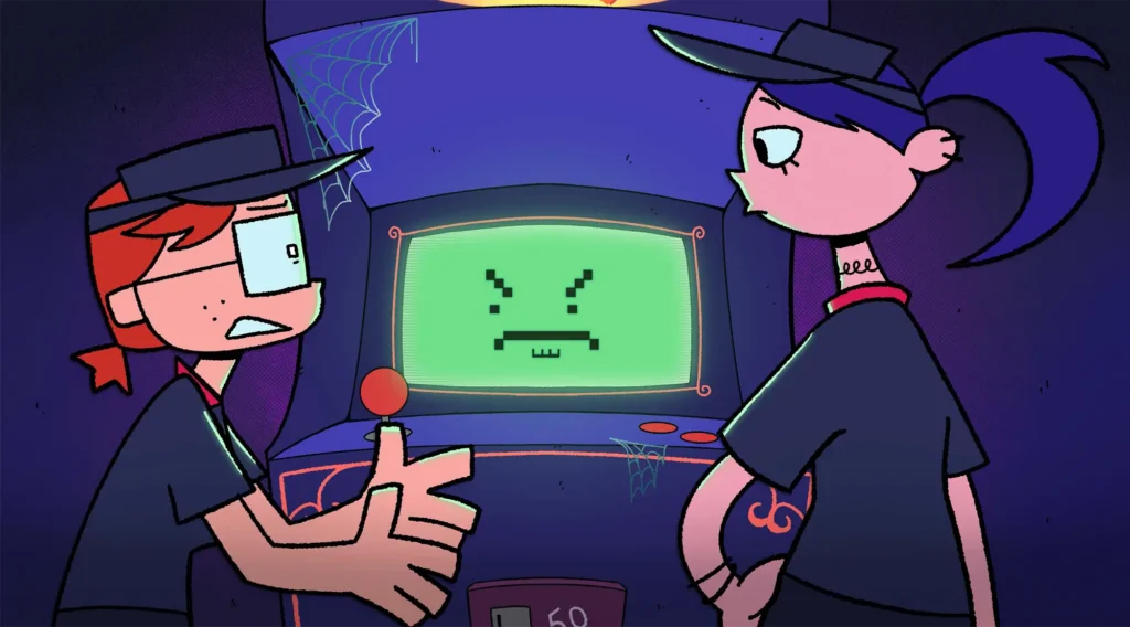 Animated scene of two stylized characters in blue uniforms facing an arcade machine with an angry face displayed on the green screen.