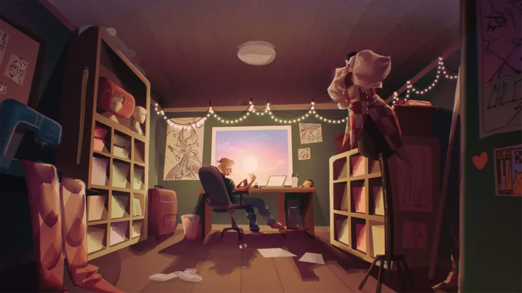 Digital illustration of an artist sitting at a desk in a cozy, warm-lit room sketching while looking out a window at a sunset.