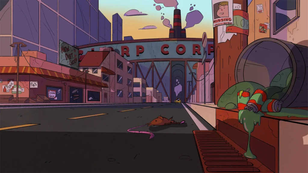 xAnimated background illustration of a run-down city street featuring a "Glorp Corp" factory in the background, a spilled barrel of green slime, and a dead rat on the road.