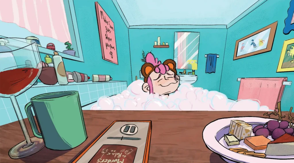 Animated scene of a cartoon character with pink hair relaxing happily in a bubble bath inside a teal bathroom, viewed from across a wooden tray holding a mug, wine glass, and a plate of cheese and grapes.